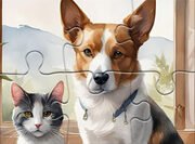 Jigsaw Puzzle: Oil Painting Dog And Cat
